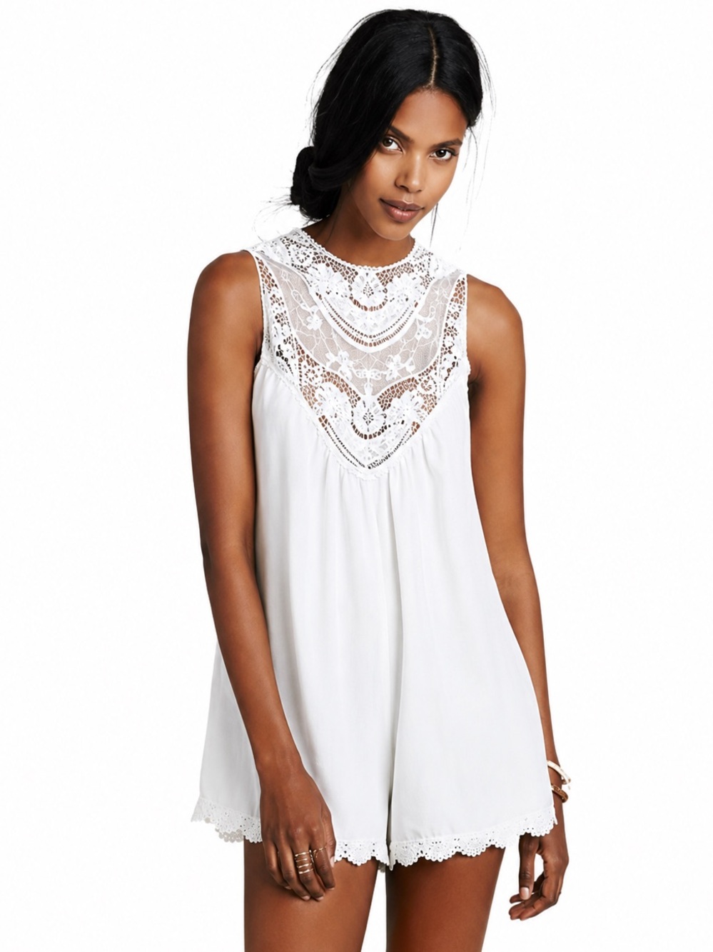 Free People White Lace High Neck Romper Sleeveless Boho Festival Size Small